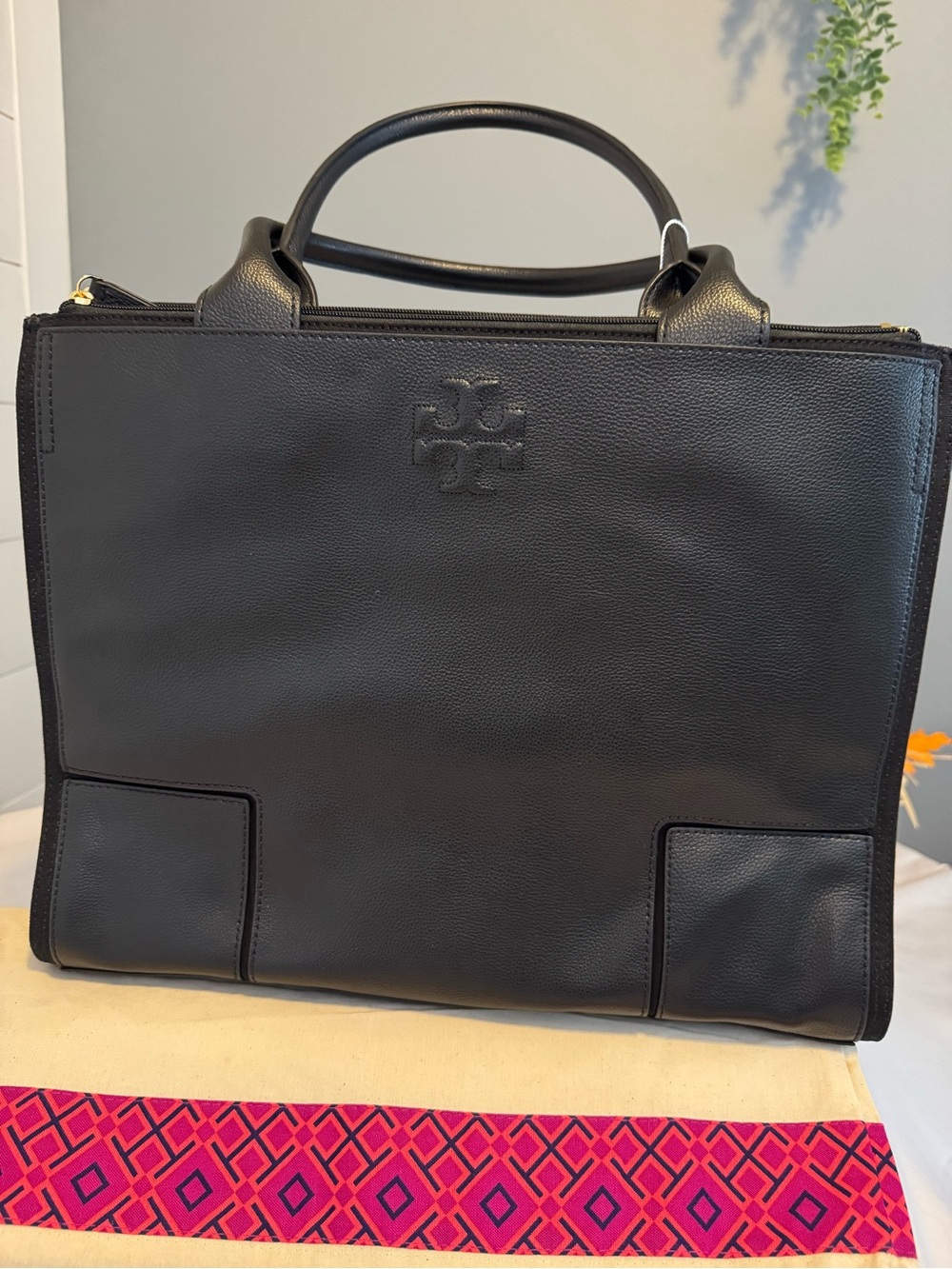 NWT Tory Burch Ella Canvas Leather Tote Black